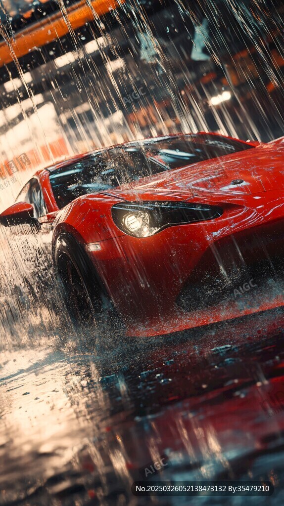 紅色跑車雨中動感瞬間