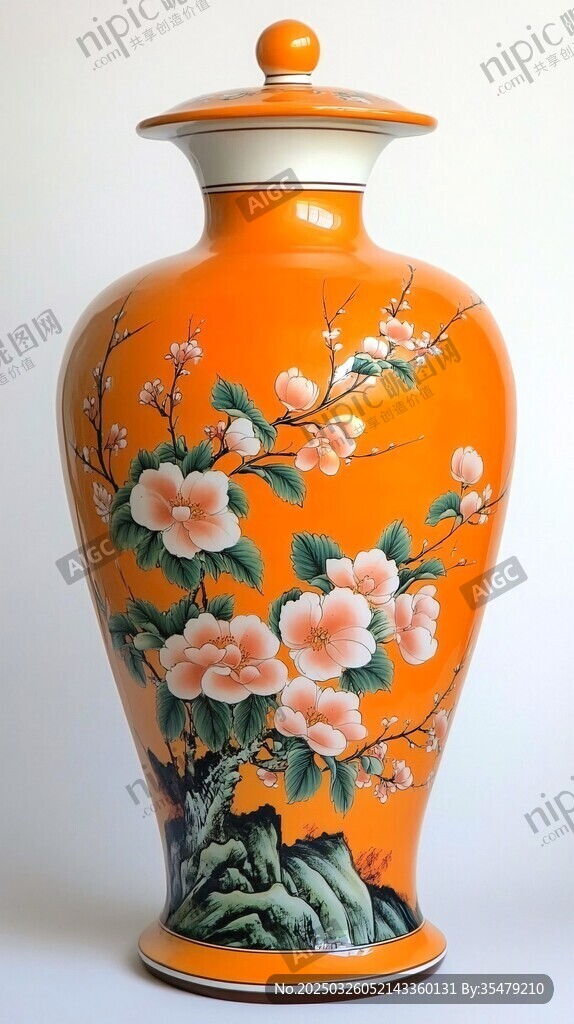 橙底花卉紋精美陶瓷花瓶