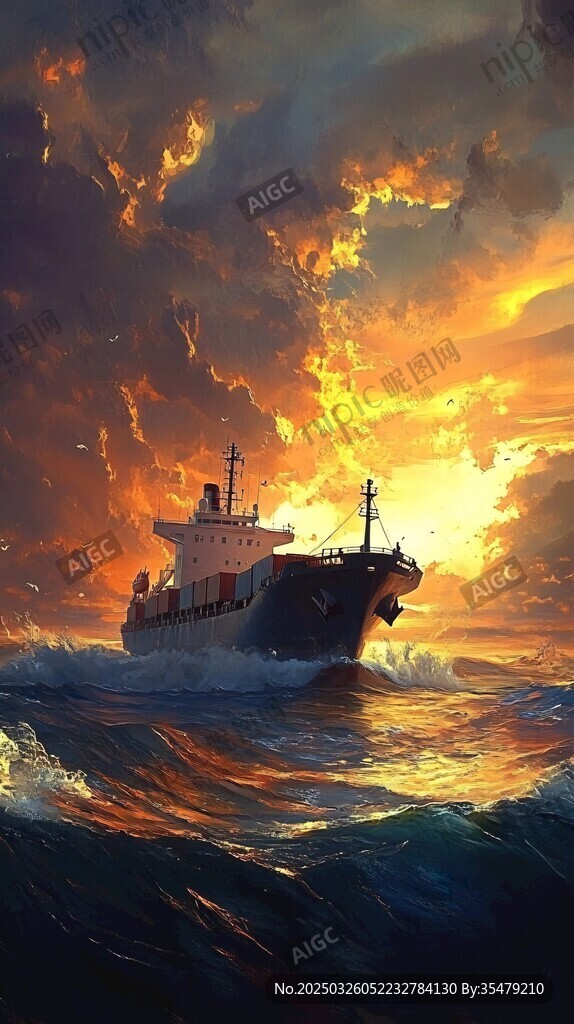 夕陽下破浪前行的貨輪