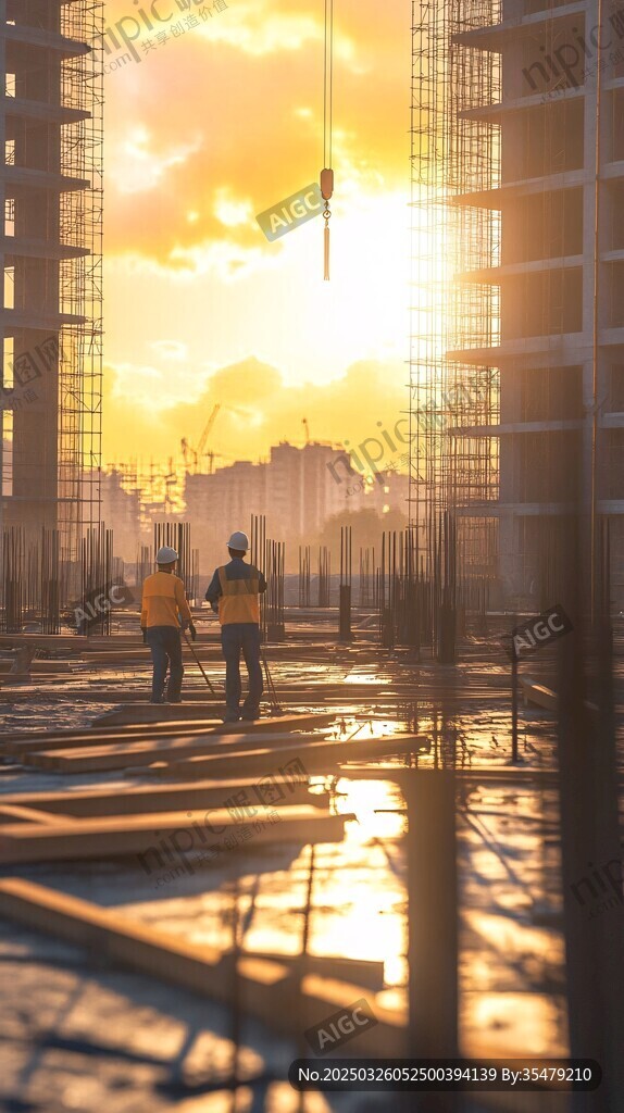 夕陽下的工地建設場景