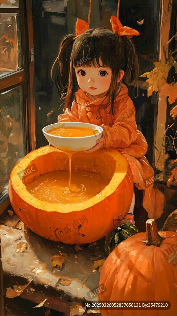 可愛女孩坐在南瓜中喝南瓜湯