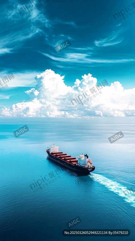 海上貨輪航行于藍天碧海間