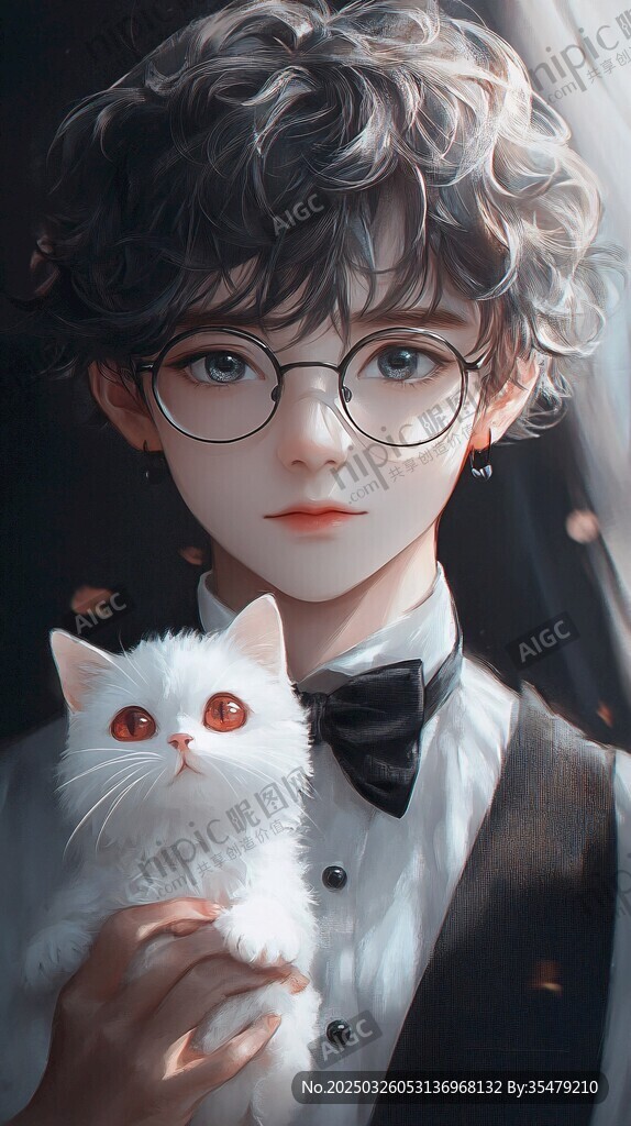 戴眼鏡少年與白貓的邂逅