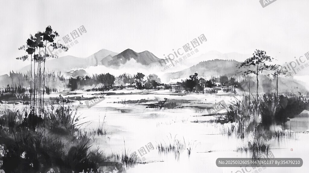 水墨山水景 寧靜自然韻