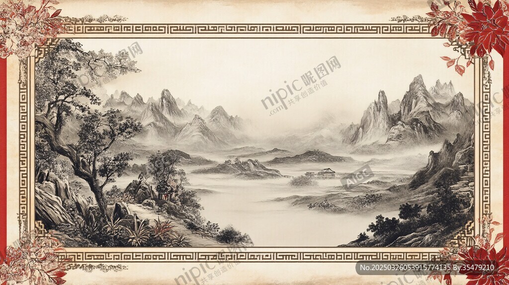 中式山水畫卷框景圖