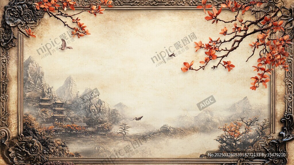 古典中式邊框山水秋景圖