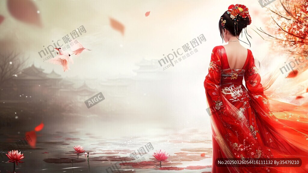 紅衣佳人立湖畔賞景