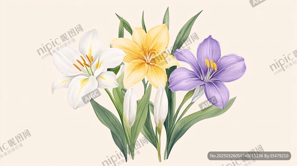 三色百合花插畫圖