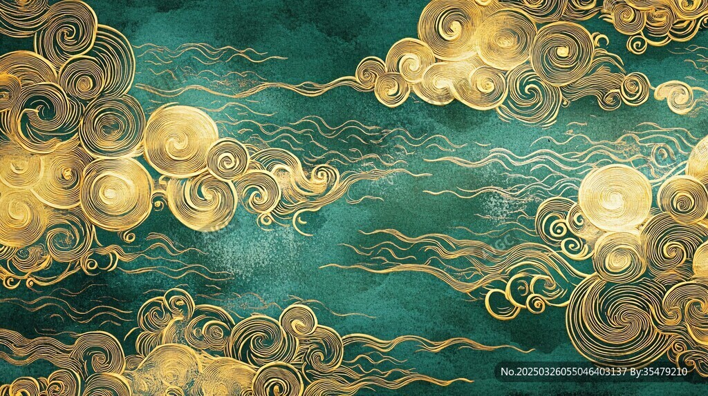 中式金綠祥云紋華麗背景