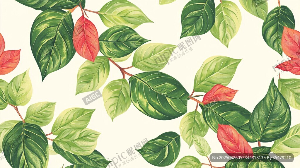 綠葉紅邊植物無縫圖案