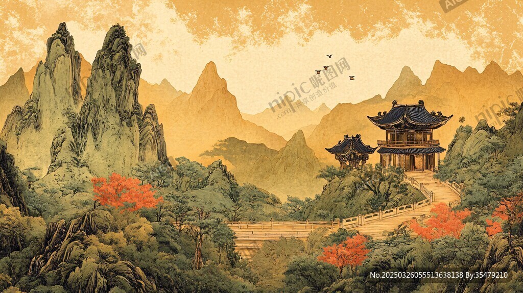 秋日山水間的古典樓閣
