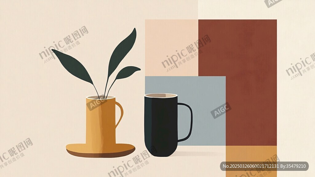 簡約風綠植與咖啡杯插畫
