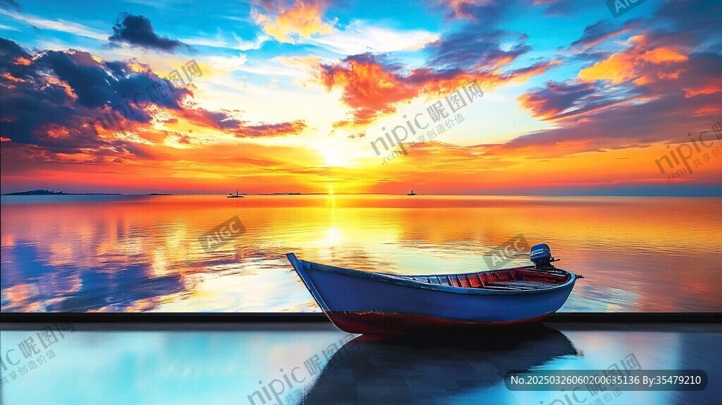 夕陽下靜謐的孤舟美景