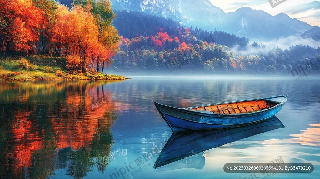 秋景湖畔孤舟