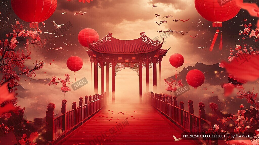中式古風(fēng)喜慶亭臺(tái)樓閣圖景