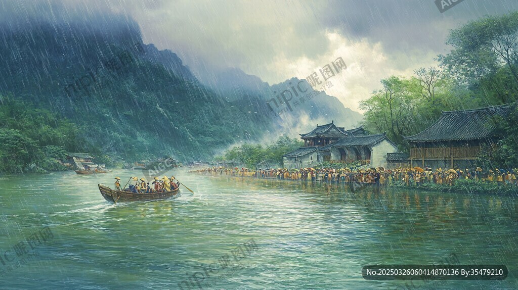 江上龍舟競渡山水畫卷