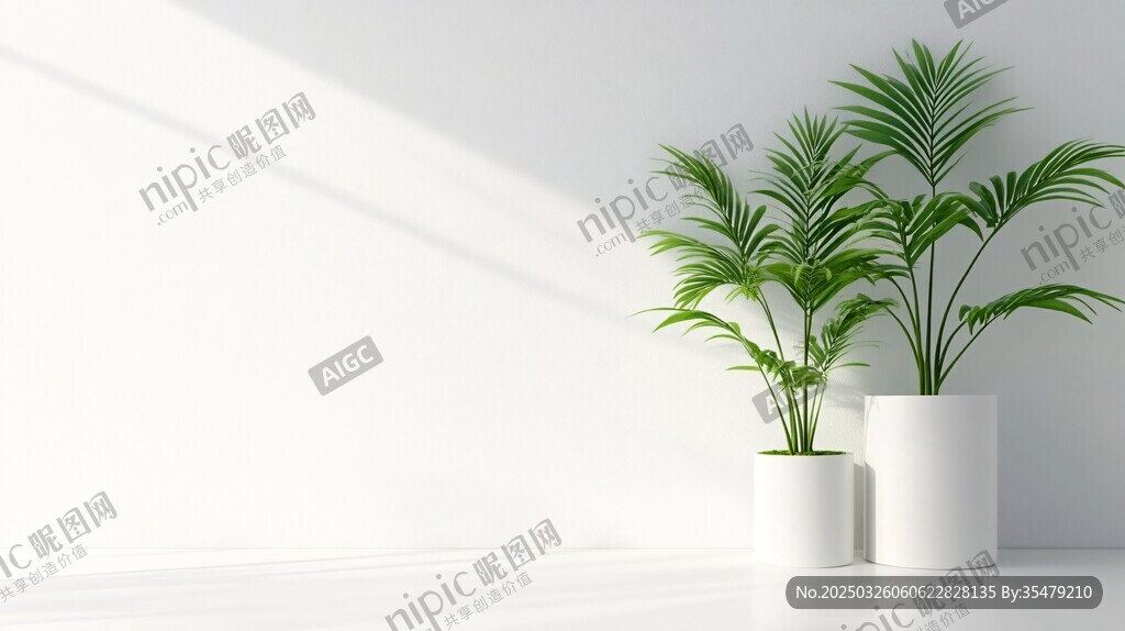 簡約室內的兩盆翠綠植物