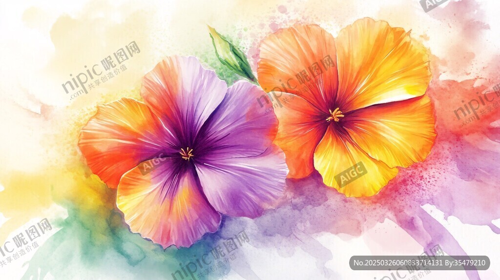 水彩繪雙花 絢麗色彩綻放