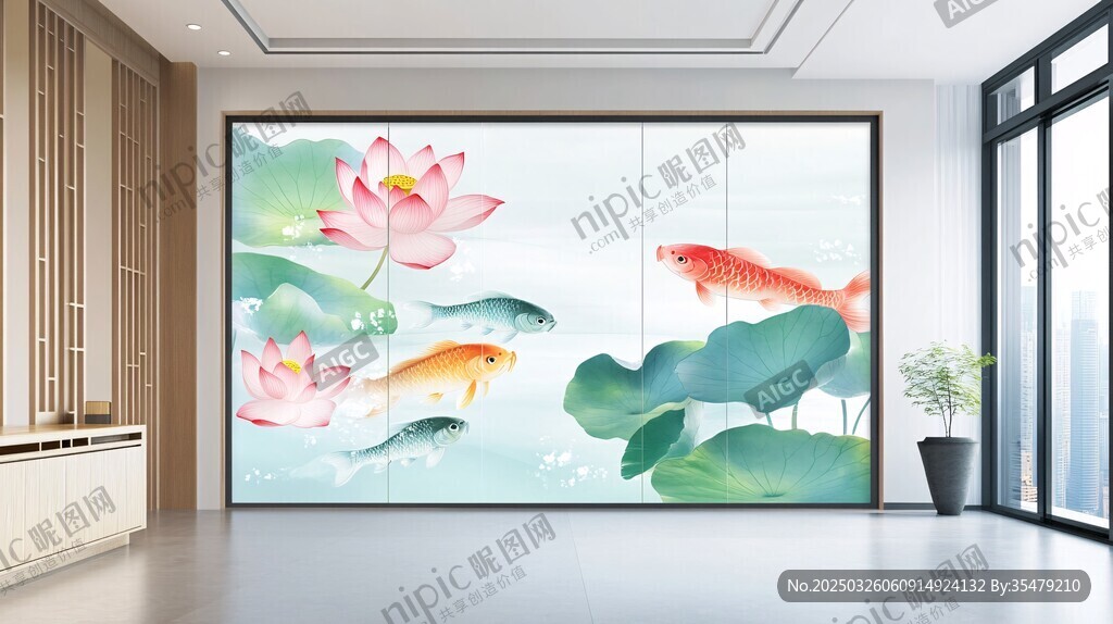中式荷花錦鯉背景墻裝飾