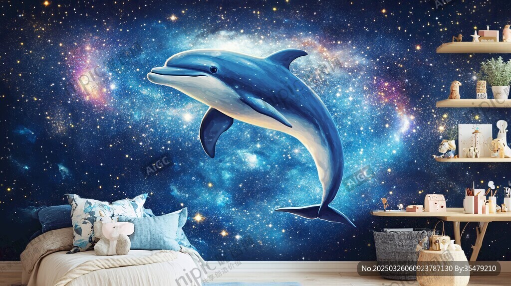 夢幻星空海豚兒童房背景墻