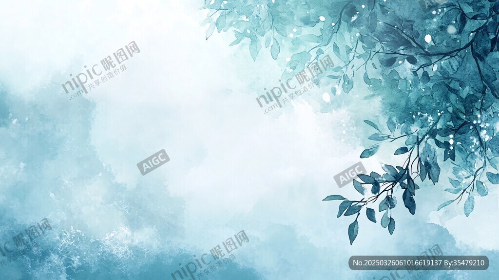 夢幻藍綠系樹葉風景插畫