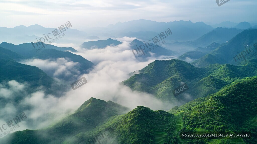 山間云海環繞翠綠山巒