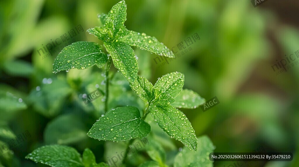 帶露珠的嫩綠薄荷植株