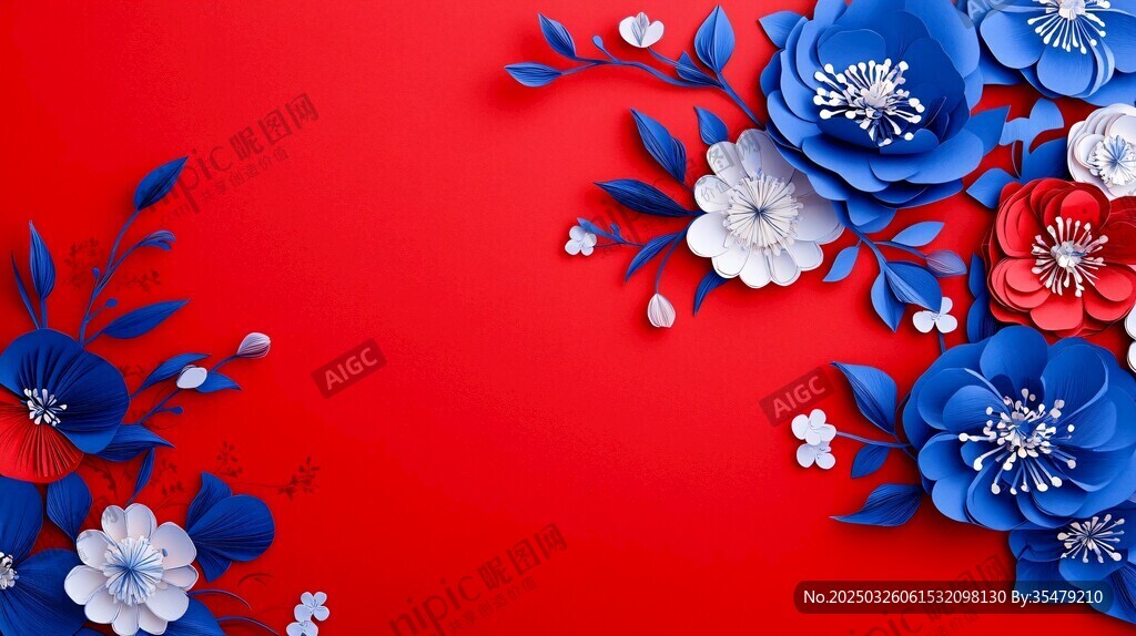 紅底藍(lán)白花卉裝飾圖案