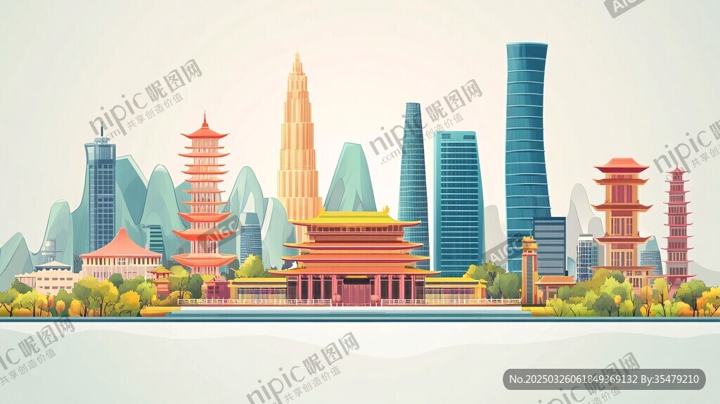 城市中式建筑與現(xiàn)代高樓景觀
