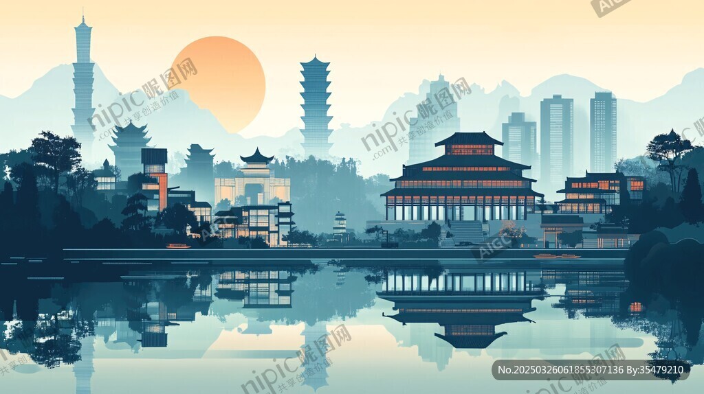 古韻城市湖畔夕陽美景