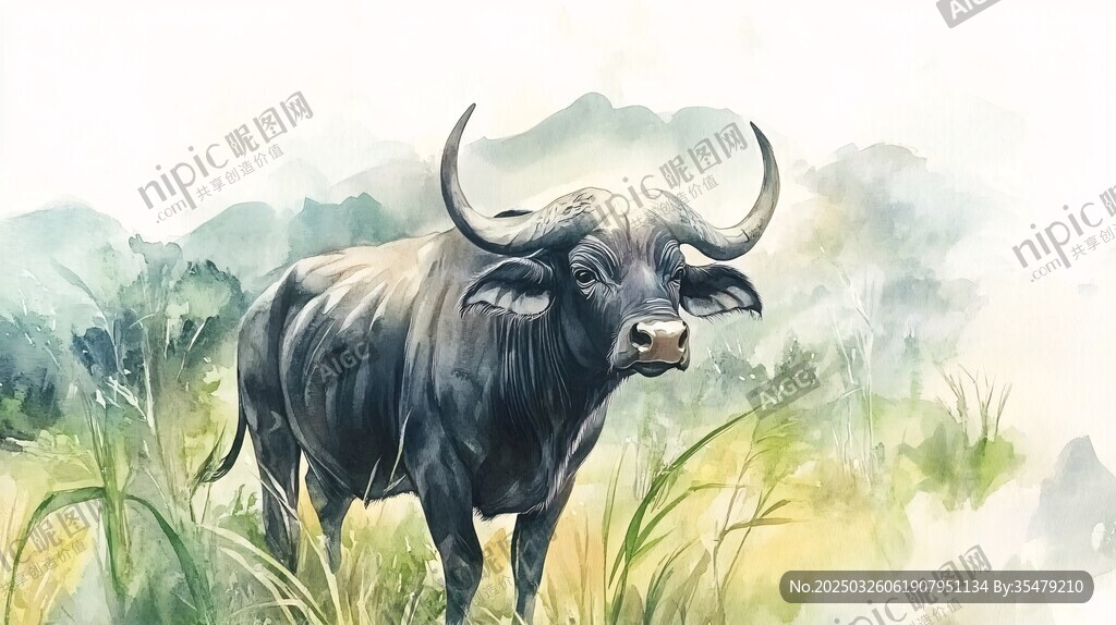 水牛佇立綠野間水墨畫