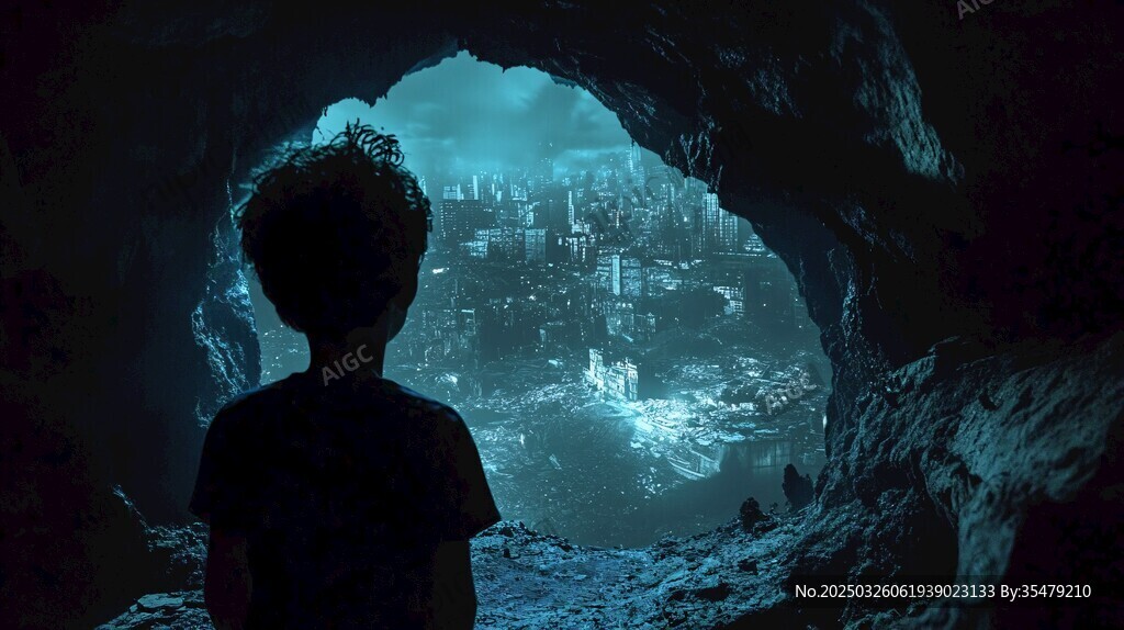 少年凝望洞穴外的奇幻都市