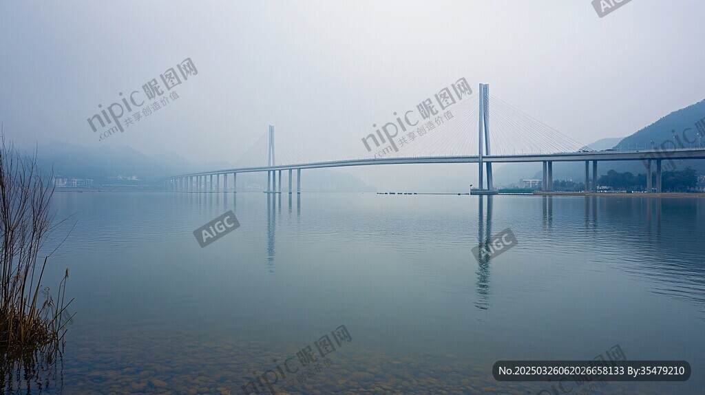 霧中大橋橫跨寧靜水面