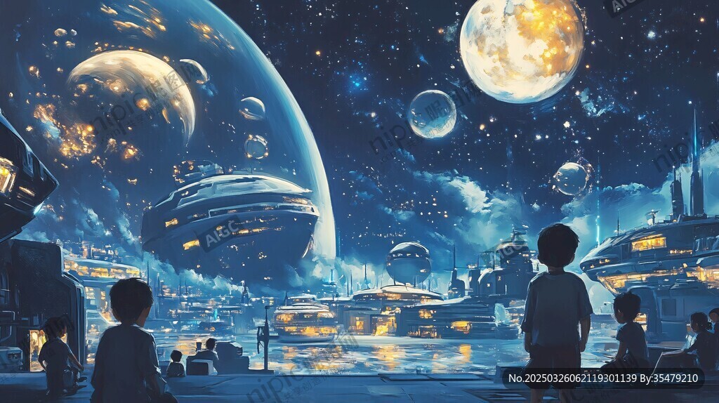夢幻星際城市與觀星孩童