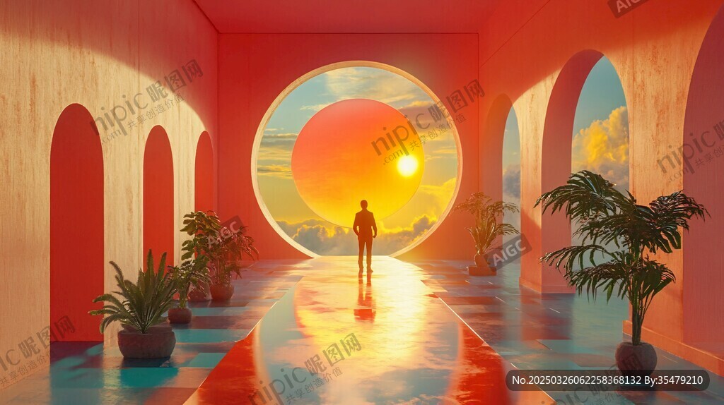 漫步于夢幻拱廊的夕陽之景
