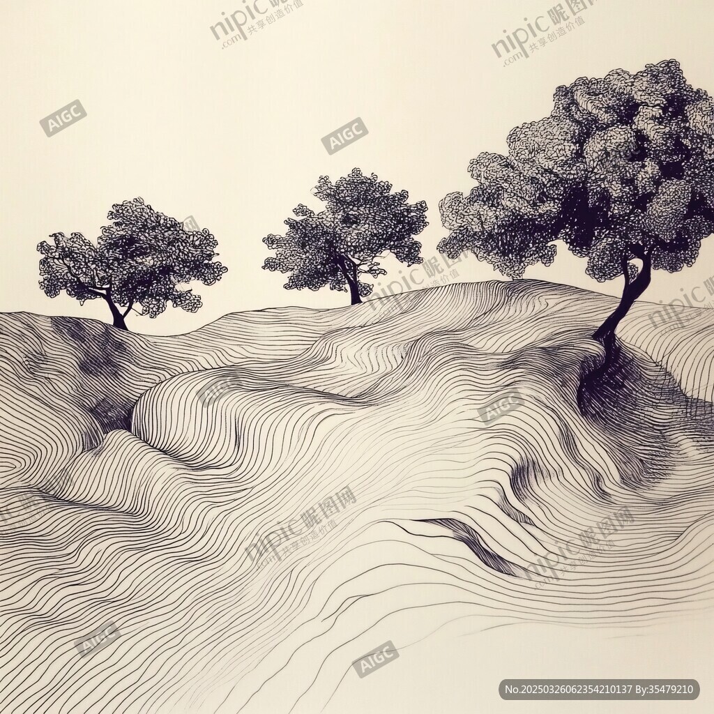 線條勾勒的山丘樹木圖景