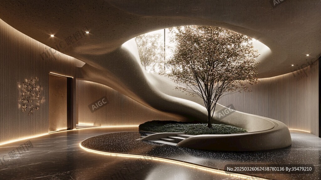 室內藝術旋轉樓梯與樹景