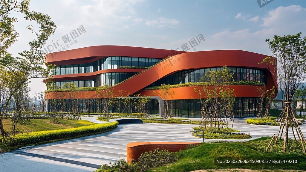 橙色流線型現代建筑景觀