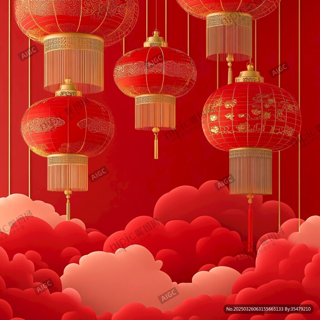 喜慶紅燈籠懸于紅云之上