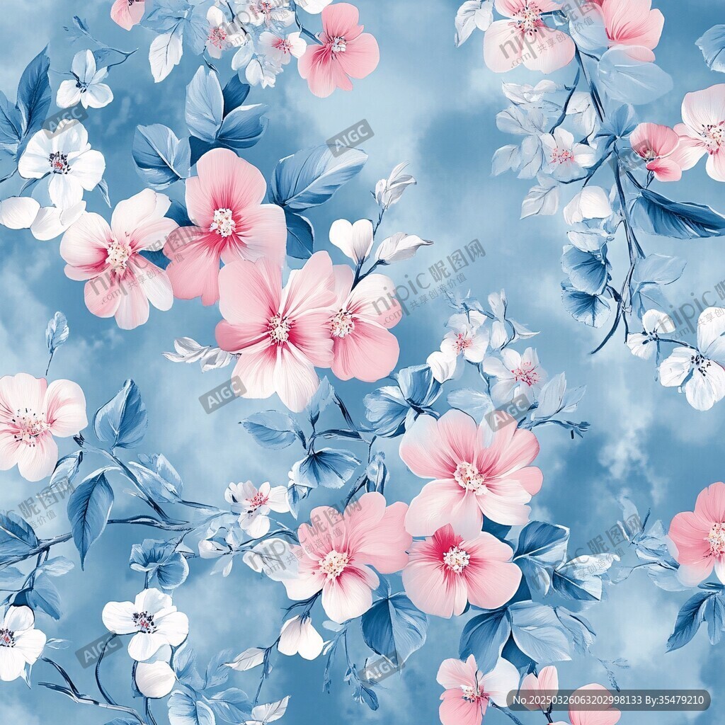 淡藍(lán)底粉白花卉唯美圖案
