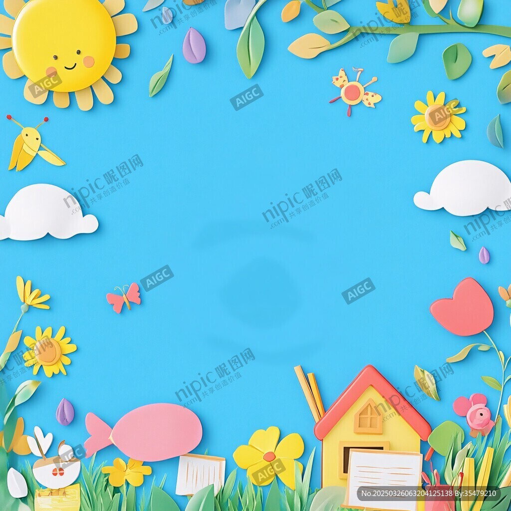 童趣紙藝藍天風景插畫