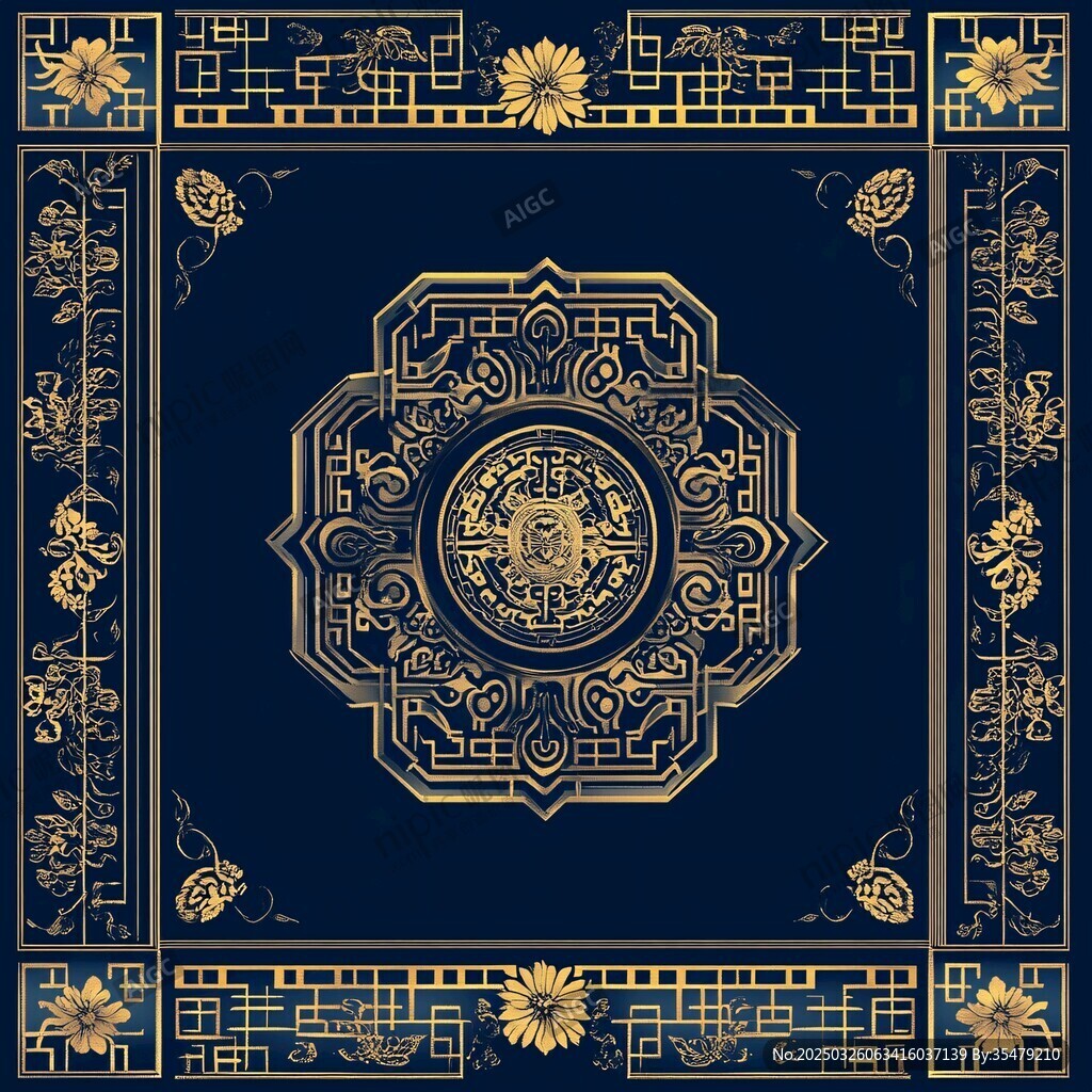 中式古典藍色金邊花紋圖案
