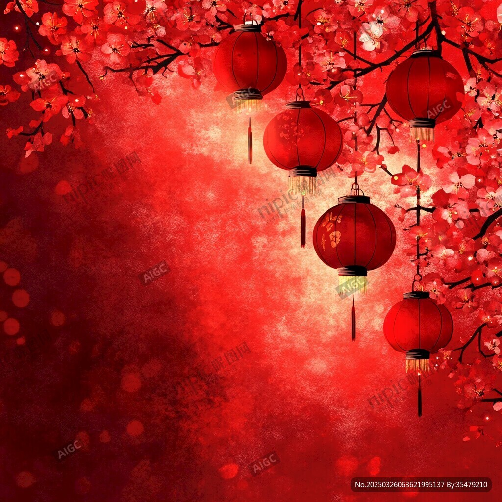 喜慶紅燈籠映繁花背景