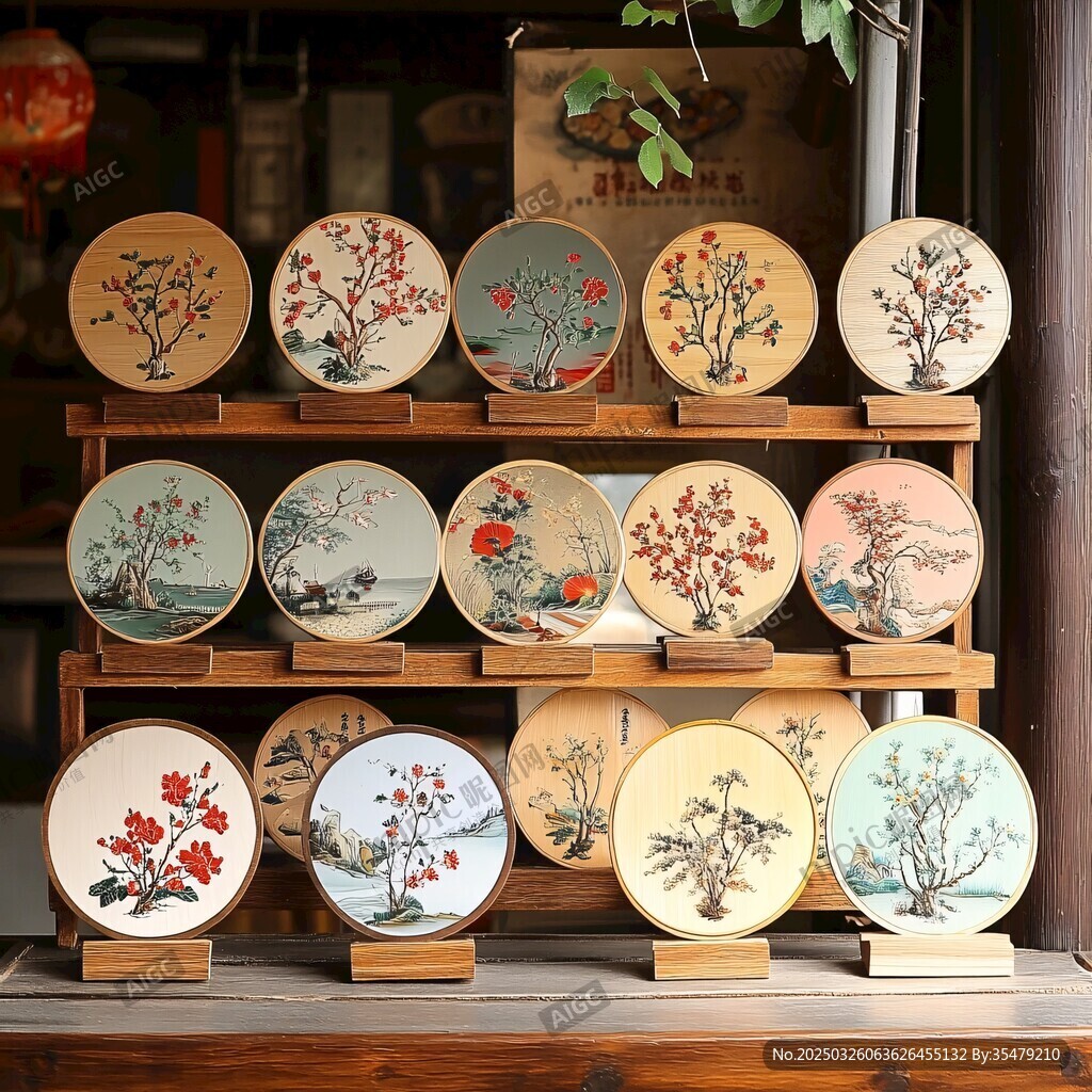 中式手繪花卉圓盤藝術(shù)擺件
