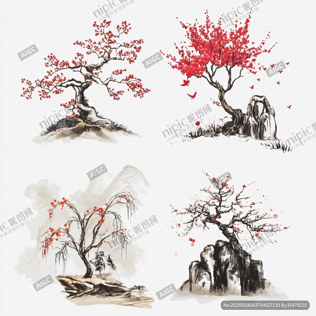 中式水墨紅梅景致組圖
