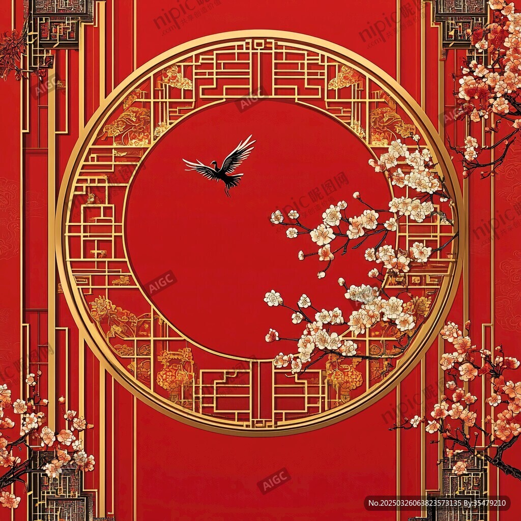中式紅底花鳥吉祥裝飾圖