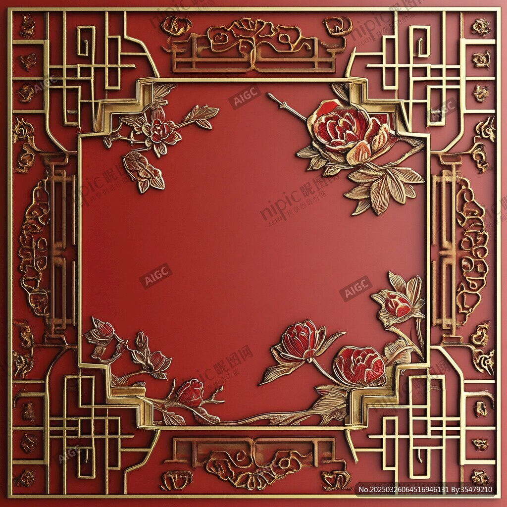 中式紅底金紋花卉裝飾圖案