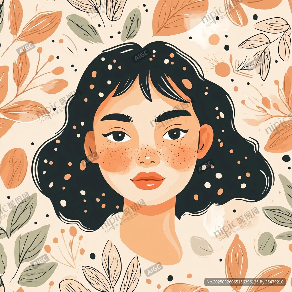 插畫風格的雀斑女孩頭像