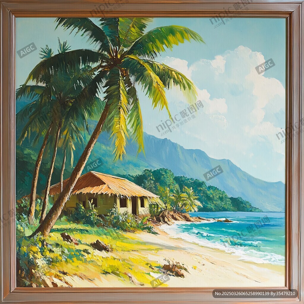 熱帶海濱小屋風(fēng)景油畫