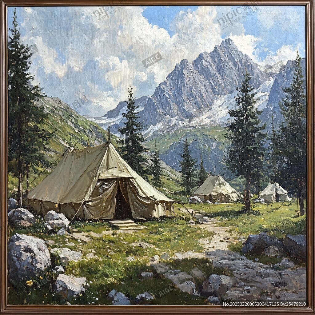 山間露營場景油畫